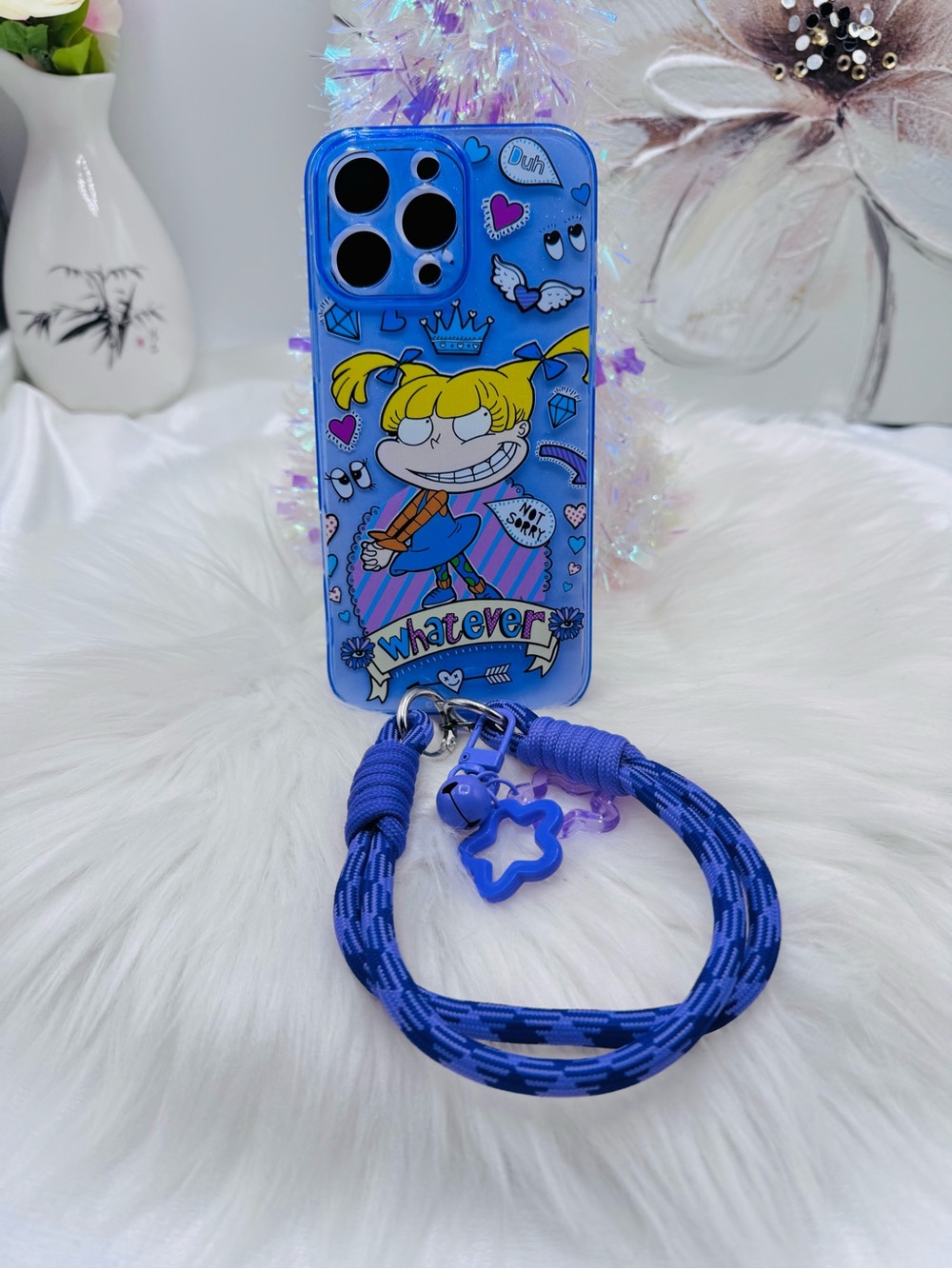 Y2K Angelica “Whatever” Cartoon iPhone 16 Pro Max Case with Wrist Strap